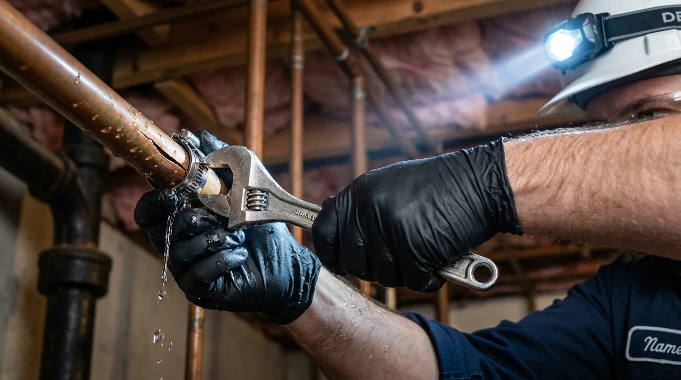 Emergency pipe clamp repair being performed by a Johns Plumbing LLC plumber in Pampa