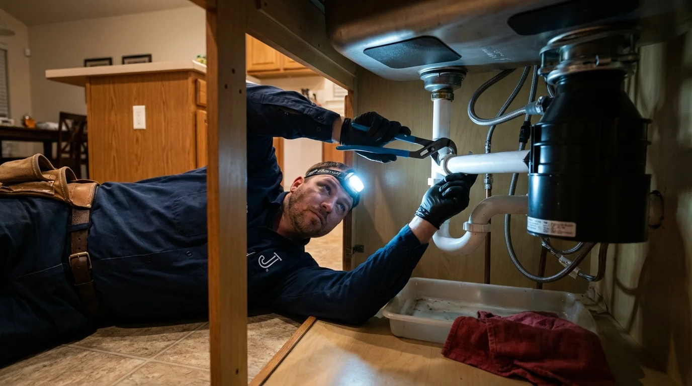 P-trap and supply line connections under a kitchen sink showing a common leak point in Pampa, TX